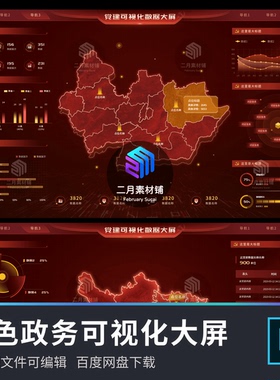 数据可视化大屏红色党政智慧政务风UI设计素材psd分层源文件