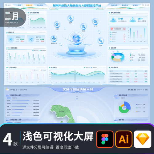 浅色数据可视化大屏蓝白科技模版UI设计地图数据figma/sketch素材