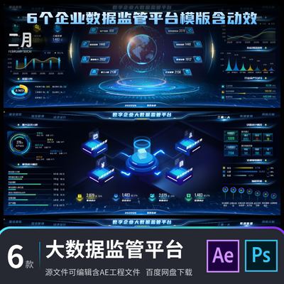 可视化大屏数据监管平台科技素材模版6款PSD源文件+AE大屏动画