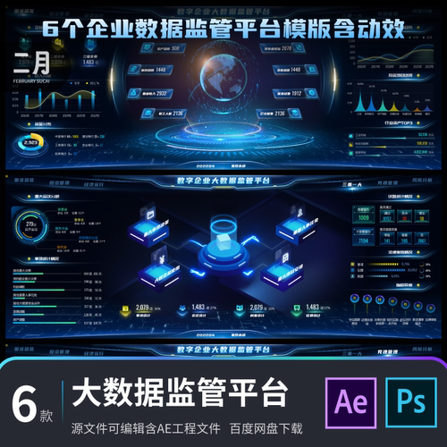 可视化大屏数据监管平台科技素材模版6款PSD源文件+AE大屏动画