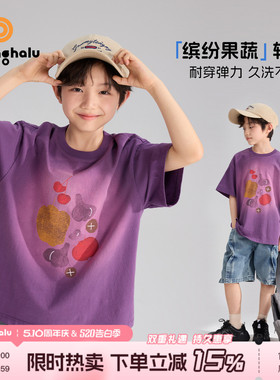 布丁哈鲁夏装男童童装洋气上衣2026夏季新款儿童潮酷紫色印花T恤