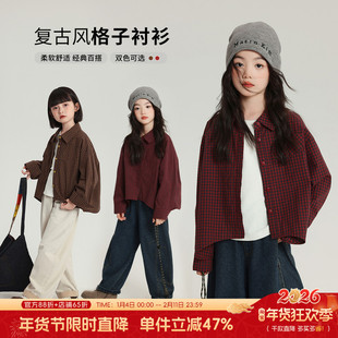 布丁哈鲁春秋女童韩系外套2026秋装新款儿童洋气红色格纹衬衫