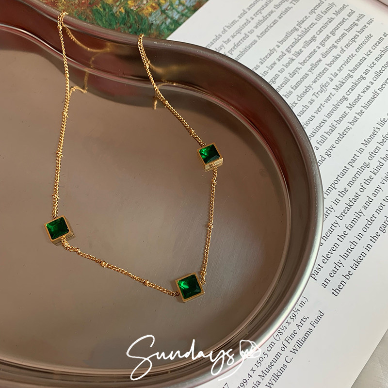 项链简约气质方形祖母绿锆石ins冷淡风金色方块钛钢不掉色锁骨链,饰品/流行首饰/时尚饰品新,项链,淘宝优惠券,粉丝福利购,淘宝优惠卷
