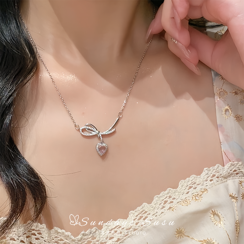 「礼物结」s925银蝴蝶结粉钻项链配饰女高级感锁骨链轻奢小众颈链,饰品/流行首饰/时尚饰品新,项链,淘宝优惠券,粉丝福利购,淘宝优惠卷