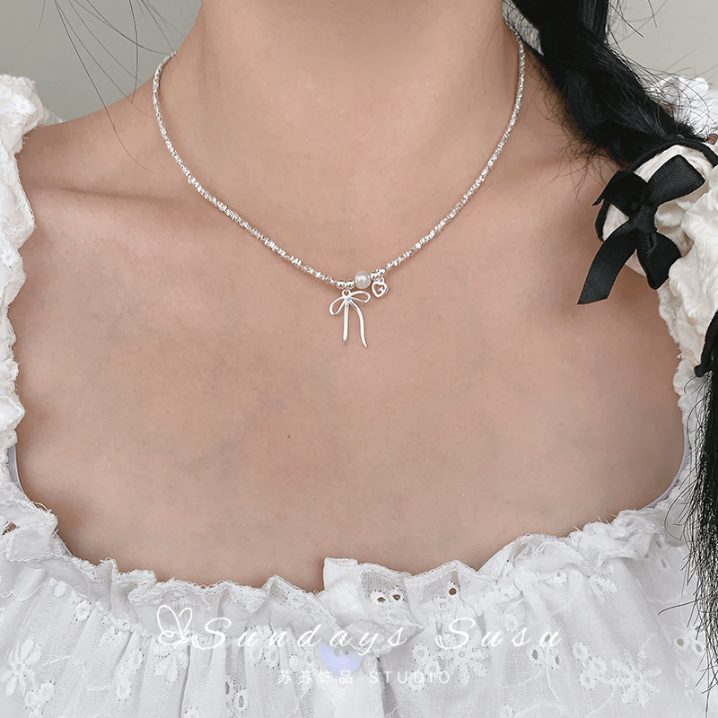 「芭蕾少女」s925纯银项链女可爱蝴蝶结珍珠碎银子2024年新款手链,饰品/流行首饰/时尚饰品新,项链,淘宝优惠券,粉丝福利购,淘宝优惠卷