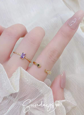 法式复古紫色锆石爱心开口戒指