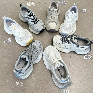 实体同款！2025春夏新款网面真皮小个子老爹鞋女透气爆款运动鞋