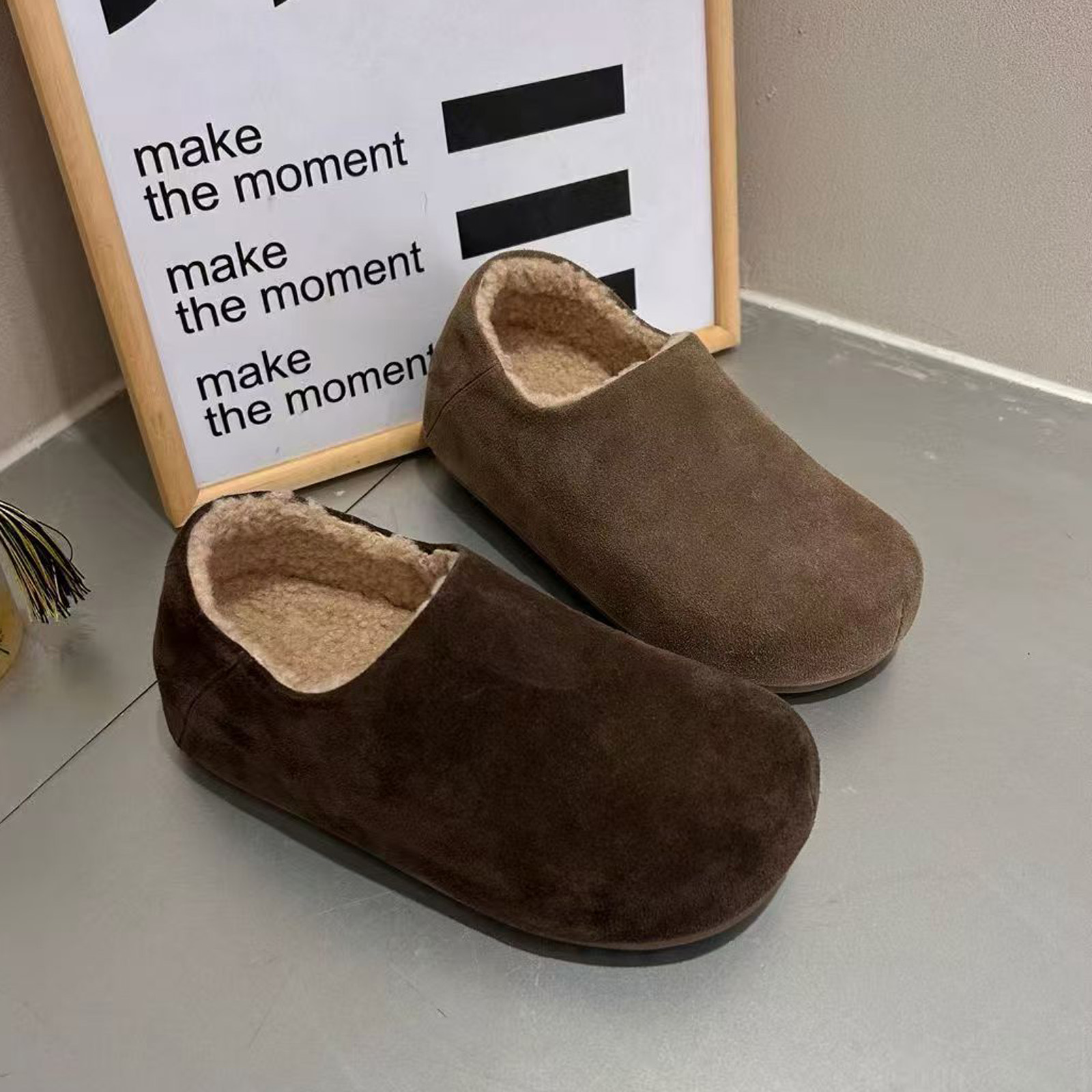 实体同款！2025冬款牛反绒勃肯鞋女加绒保暖懒人一脚蹬软底鞋棉鞋