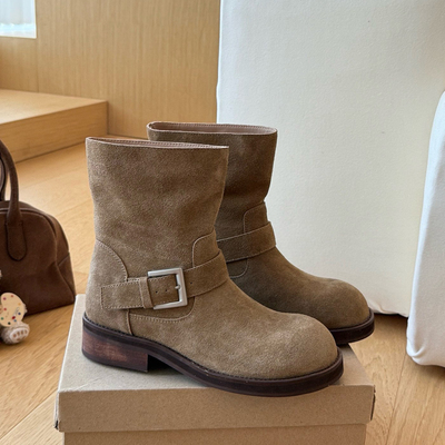 实体同款！2025新款小众套筒短靴粗跟皮带扣马丁靴女磨砂面西部靴