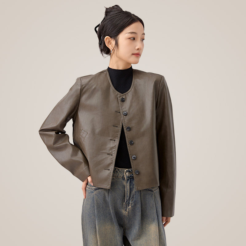 通勤风皮衣外套女青色早春早秋修身PU皮短款休闲2025新款皮夹克女