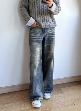 17DUP 美式水洗做旧复古手擦猫须牛仔裤宽松cleanfit直筒长裤子