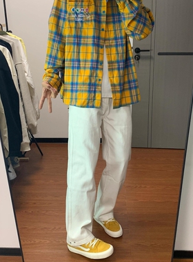 17DUP日系宽松白色牛仔裤男潮牌水洗简约纯色直筒休闲长裤子