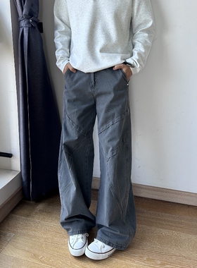 17DUP美式复古做旧巴恩风阔腿弯刀裤男重磅春夏宽松休闲工装裤