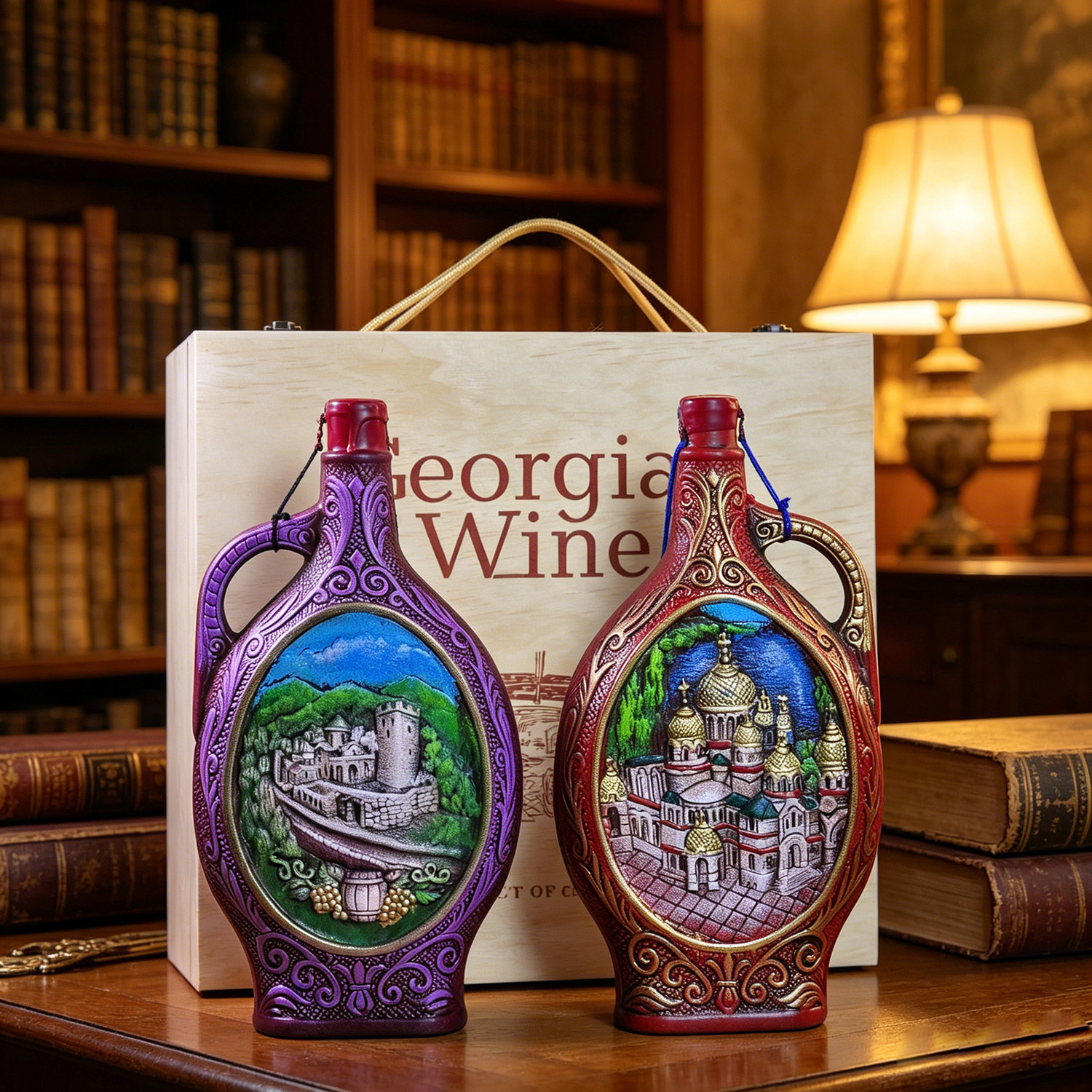 格鲁吉亚原瓶进口彩色立体浮雕陶瓶1升半甜红葡萄酒礼品聚会摆饰