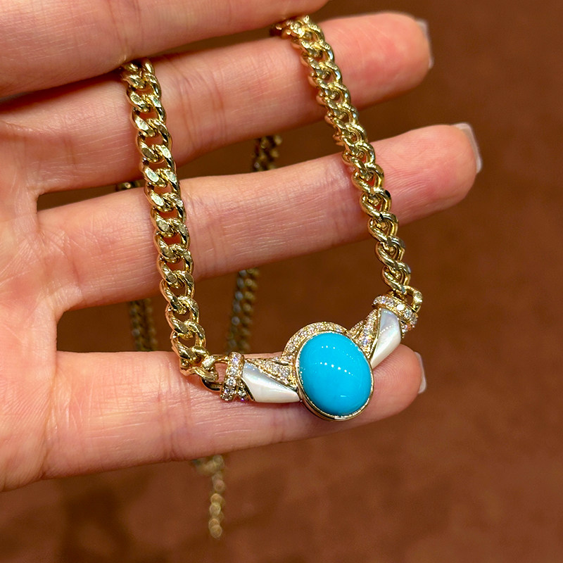 有生珠宝天然原矿睡美人绿松石白贝母项链18k金古巴一体链钻石链