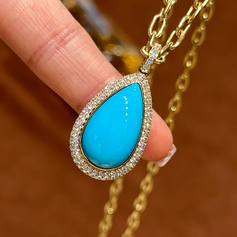 有生珠宝天然原矿睡美人绿松石水滴吊坠18k厚金钻石万能扣吊坠