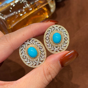 【已出欣赏】高品质原矿睡美人绿松石耳钉复古雕花18k金钻石耳钉