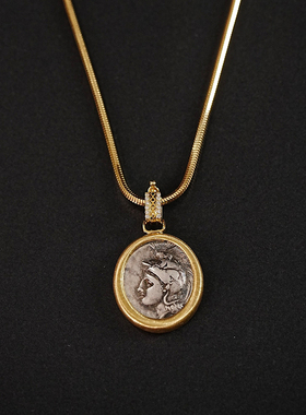 高品质古希腊智慧女神雅典娜雄狮古币开口扣18k厚金拉丝古币吊坠
