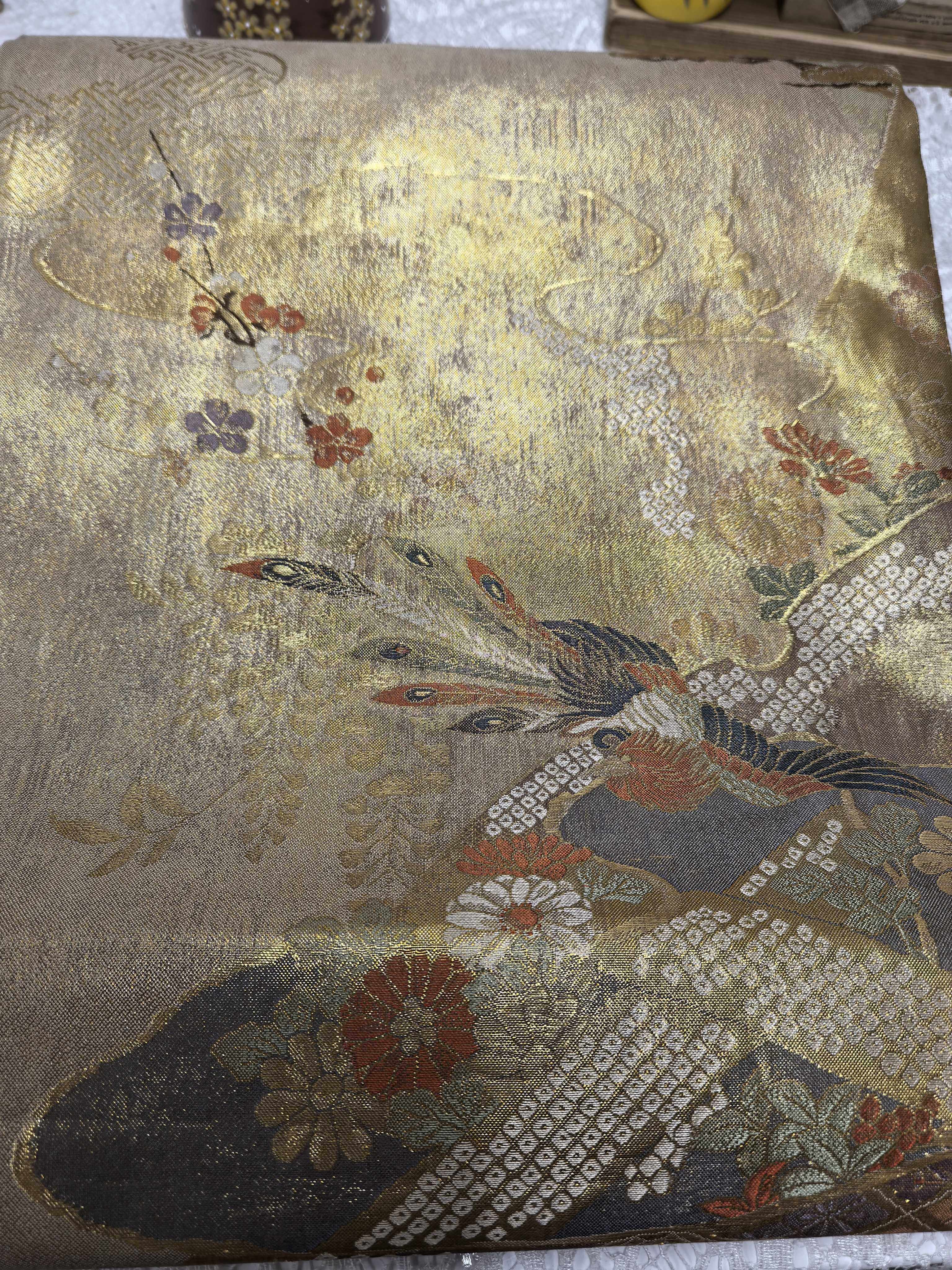 日本中古西阵织,凤凰梅花松树,宽约31,长约442厘米(含120纯色)