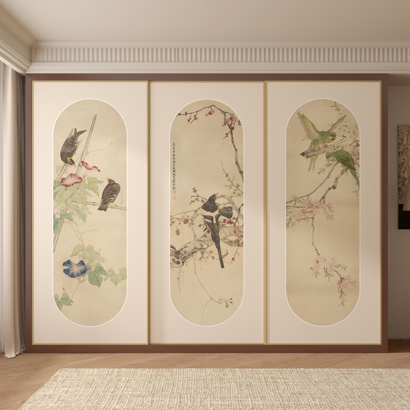 古风国画花鸟衣柜翻新贴纸素雅米色三联画柜门贴自粘防水推拉门贴