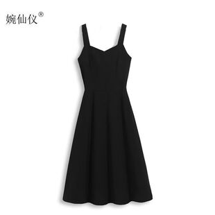 赫本风黑色吊带小黑裙女收腰显瘦中长款春秋冬夏小个子气质