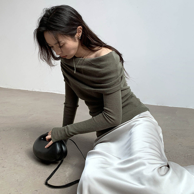 爱与南希广州十三行夏原创新款法式精致慵懒一字肩扭结毛衣21137