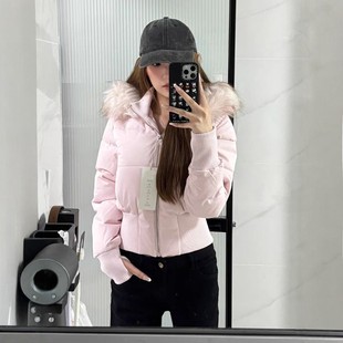 小海鸥收腰短款大毛领冬季新款粉色羽绒棉服女2025冬装棉袄厚外套