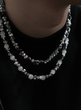 SAZ黑冰裂白猫眼石碎银子圆珠项链男女ins高级感嘻哈甜酷风锁骨链