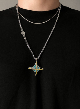 SAZ 2024新款甜酷镶钻星球宇宙叠戴项链潮流欧美复古潮牌男女饰品