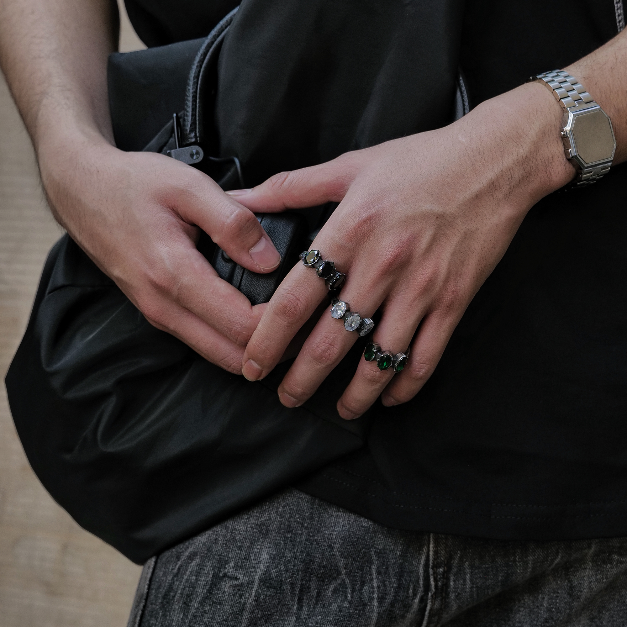 SAZ 三眼锆石钻石情侣对戒钛钢古银新款潮流戒指男女款高级感学生