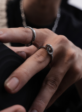 小众中性风双环扣金属银男女戒指