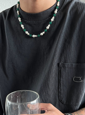 SAZ 原创嘻哈拼接绿色串珠项链男2024新款高级小众锁骨珍珠潮饰品