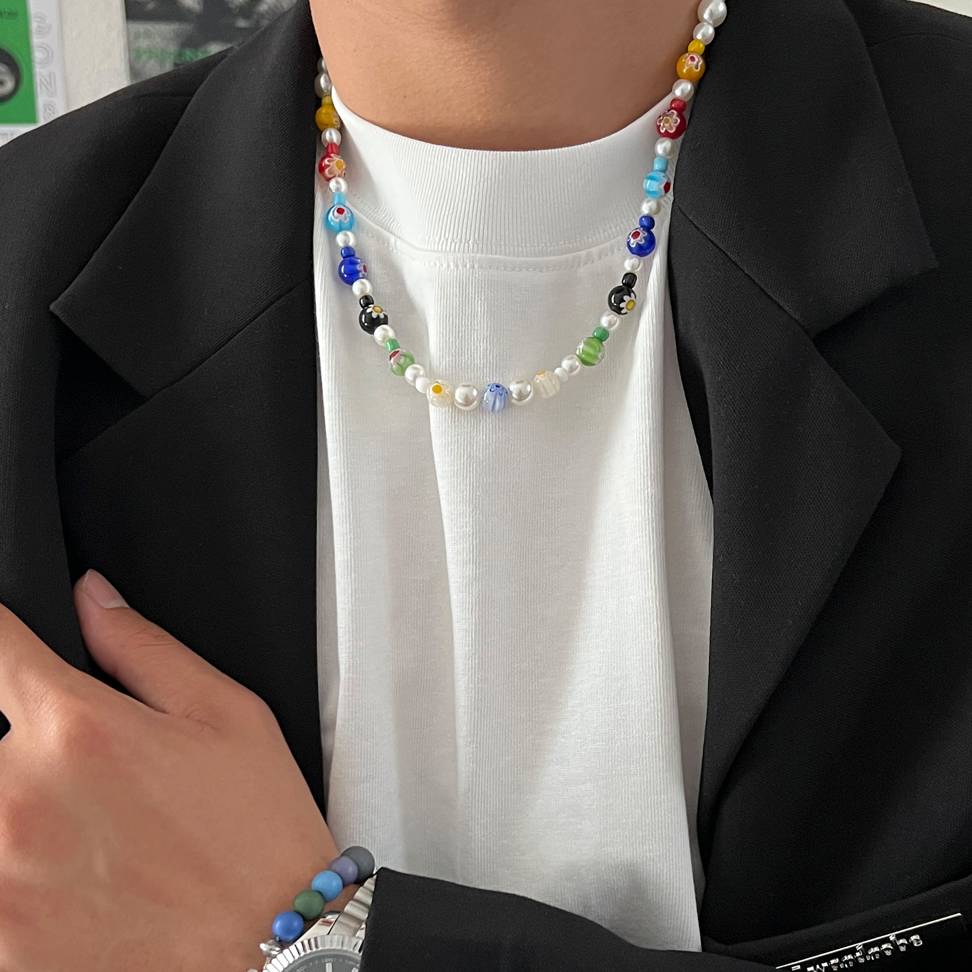 SAZ原创彩色手工串珠雏菊项链男