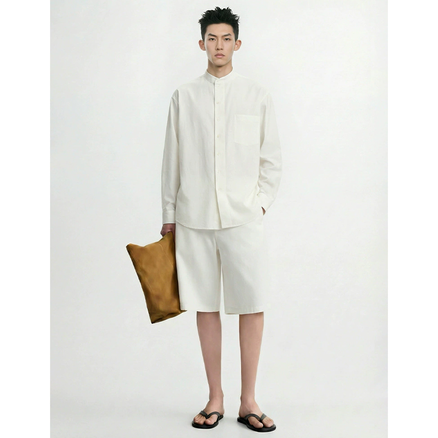 男装立领白色衬衫宽松微落肩长袖上衣新中式舒适优雅春秋通勤男士