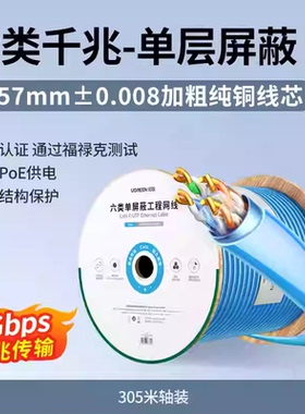 绿联0.57±0.008mm六类千兆单屏蔽网络箱线 蓝305米箱NW303/35769