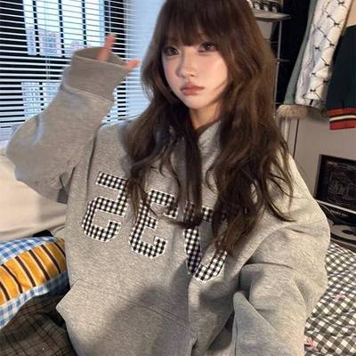 美式重磅连帽卫衣女秋冬新款刺绣数字格子慵懒风宽松长袖帽衫上衣