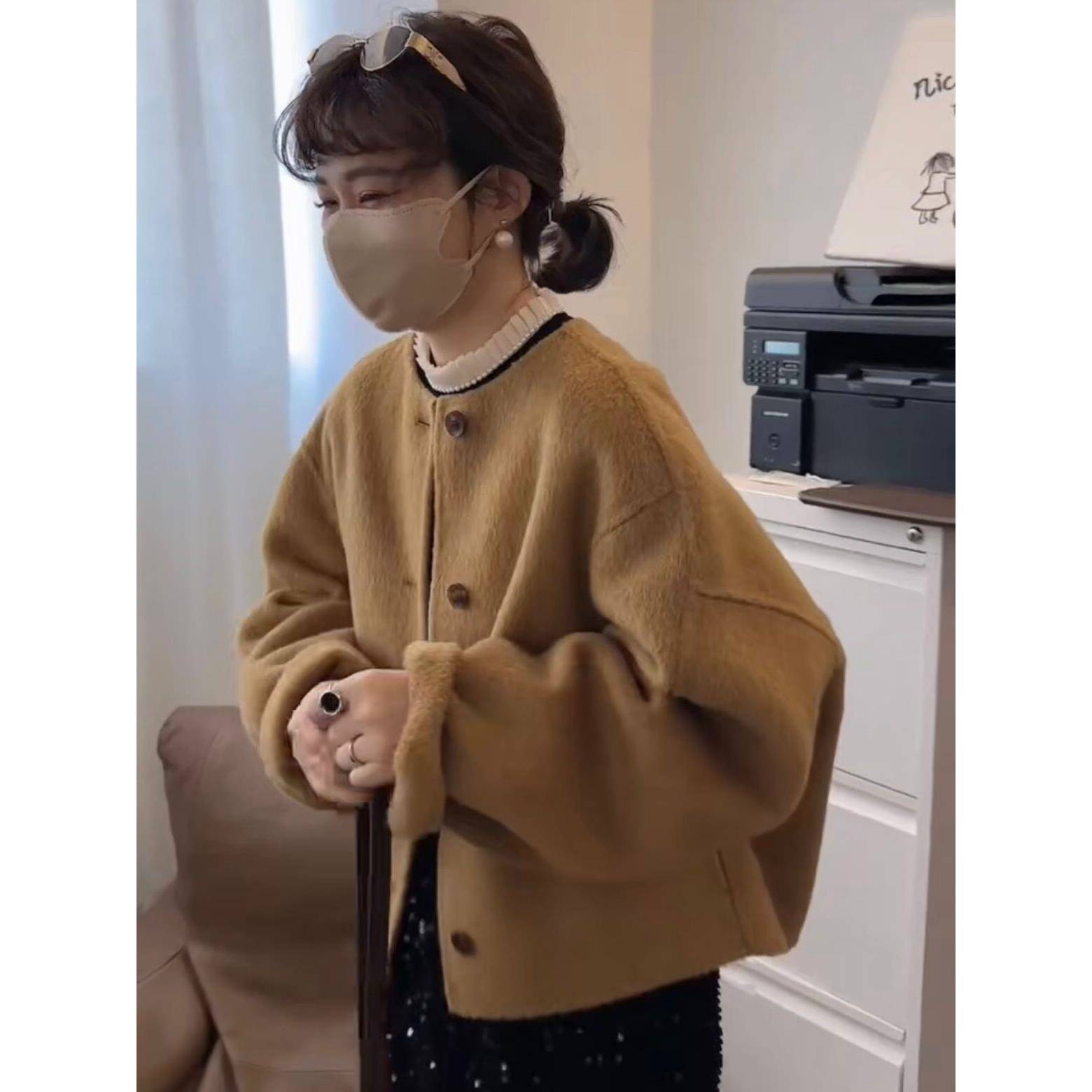 双面羊绒大衣女短款2024秋冬新款韩版圆领单排扣小香风羊毛呢外套