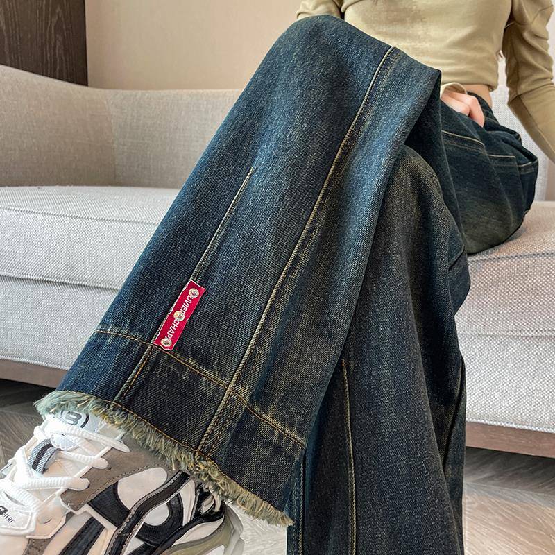 窄版阔腿牛仔裤女2025年秋季爆款梨型身材收胯高腰流苏直筒拖地裤