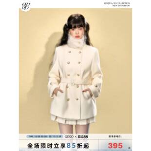 QDQD 立领呢子大衣女冬季新款高级感气质显瘦系腰带收腰毛呢外套