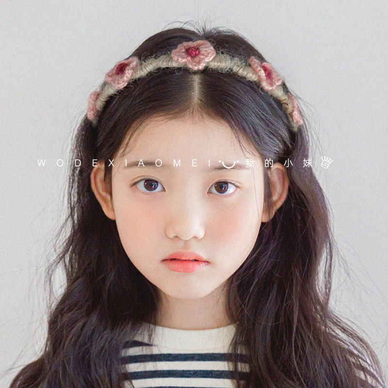 甜美女童花朵头箍毛线钩针小女孩碎发卡带齿防滑波浪儿童发箍头饰