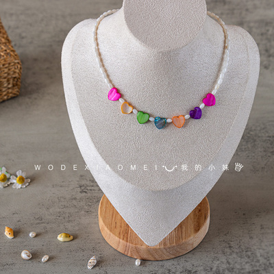 女童项链天然贝壳珠爱心小女孩锁骨链彩色多巴胺儿童串珠桃心颈链
