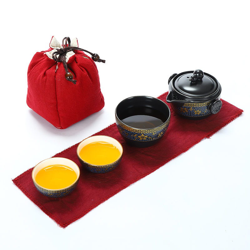陶瓷黑色扒花随身杯功夫茶壶快客