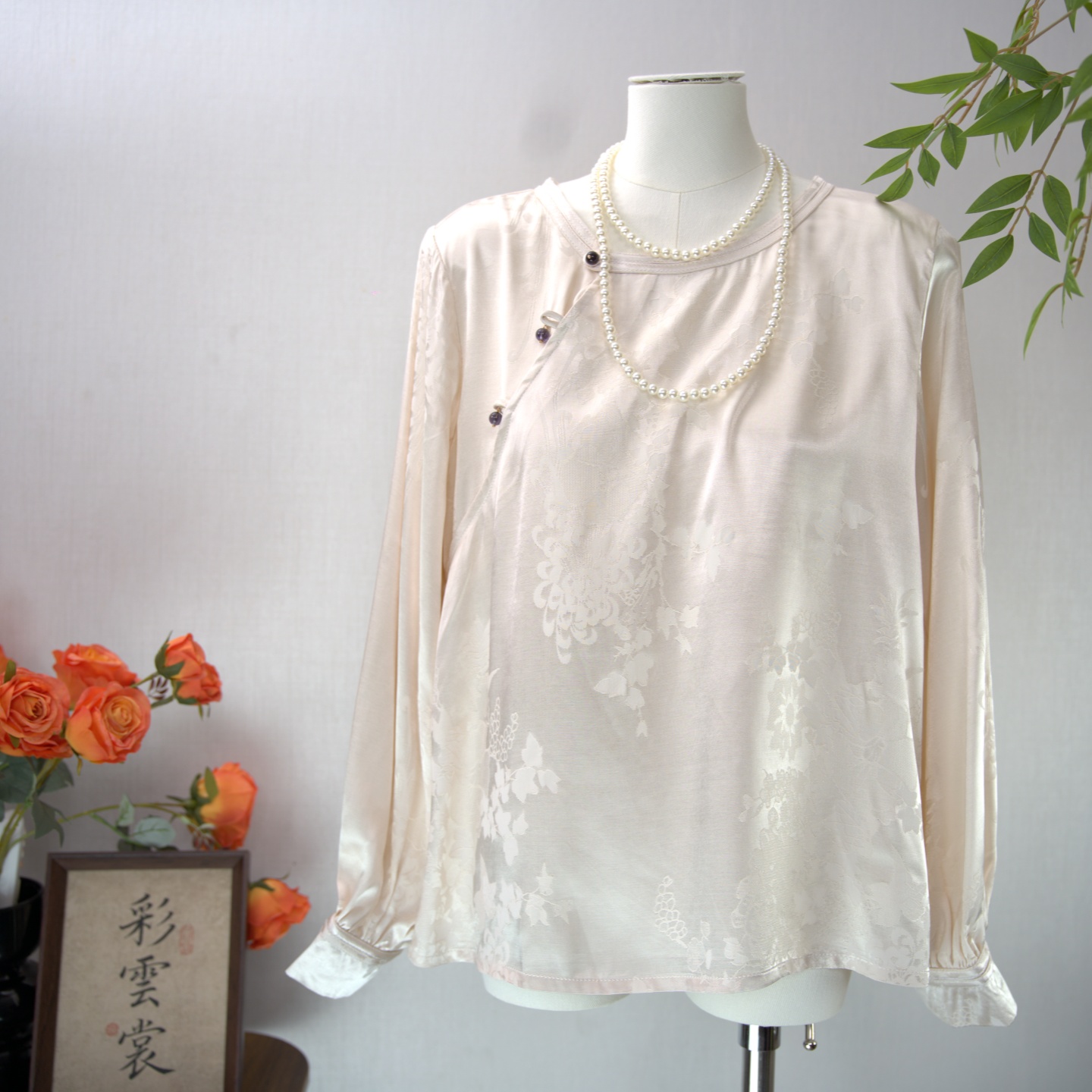 彩云裳—圆领斜襟衬衣女提花衬衫中国风复古上衣女58039