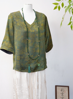 彩云裳—香云纱新款中袖女装龟裂纹双面穿复古新中式女装58108