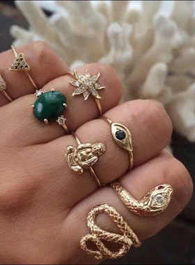 欧美风佛像眼睛绿宝石关节戒指