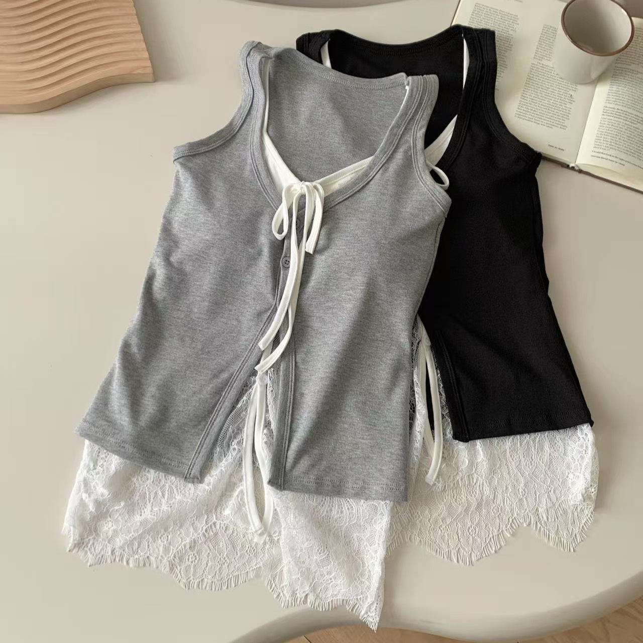 蕾丝假两件吊带背心带胸垫法式纯欲拼接无袖上衣辣妹显瘦内搭962