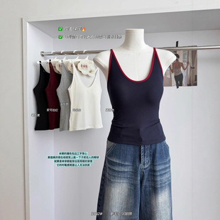 秋冬复古撞色工字背心带胸垫磨毛发热保暖上衣大U领口内搭3017