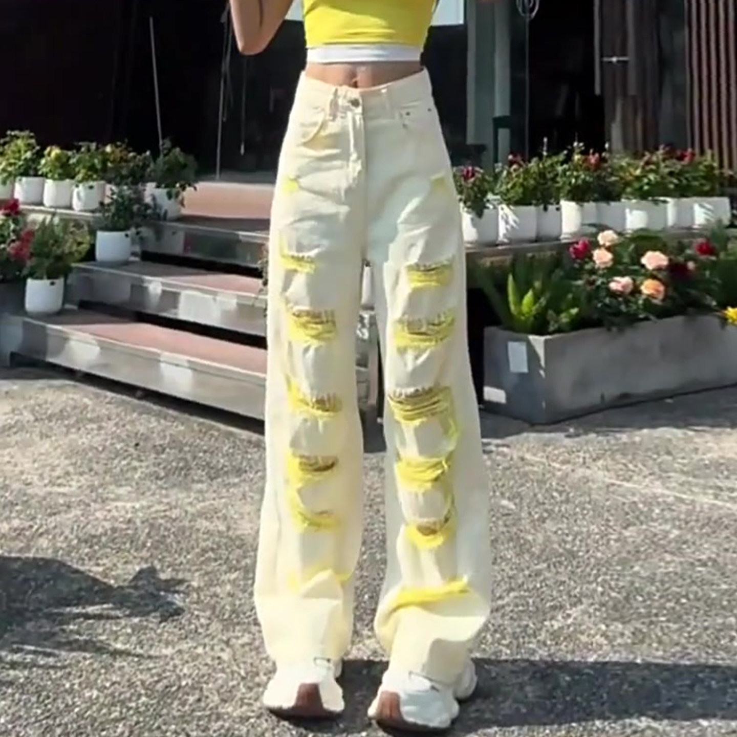 夏季薄款高腰破洞直筒女牛仔裤子