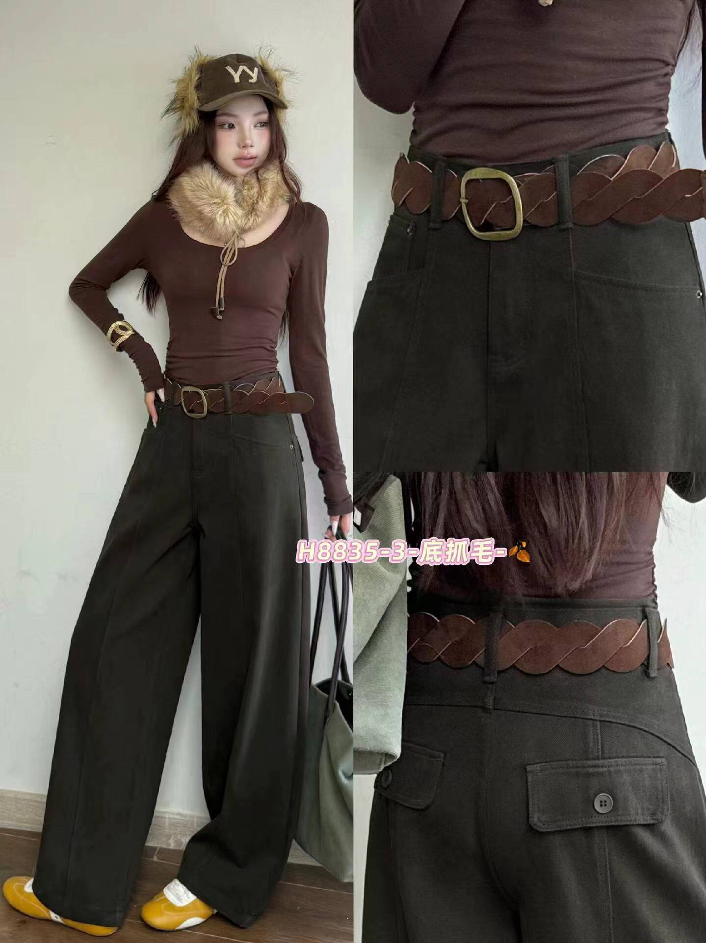 2026秋冬新款FASHION JEANS采丫8835牛仔裤女高腰麻花薄绒弯刀裤