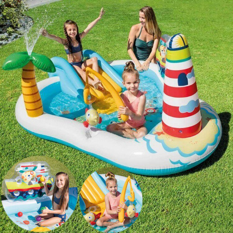 intex加厚出口充气滑梯钓鱼池城堡戏水池女孩儿童喷水游泳池球池